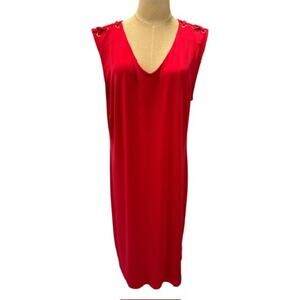 "JM" Red Dress,Shoe Lace accents on Shoulder,Sleeveless,Shift,2XL,Roomy,Workwear